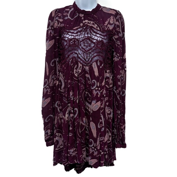 Free People Sweet Thing Paisley Print Tunic Top Swing Dress Lace Small - Picture 3 of 9